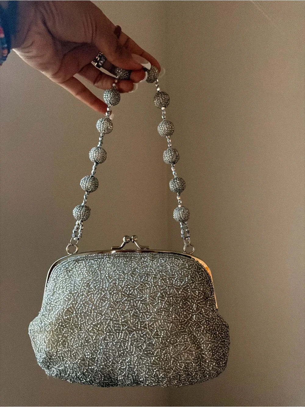 Vintage Silver Bugle Bead Evening Bag